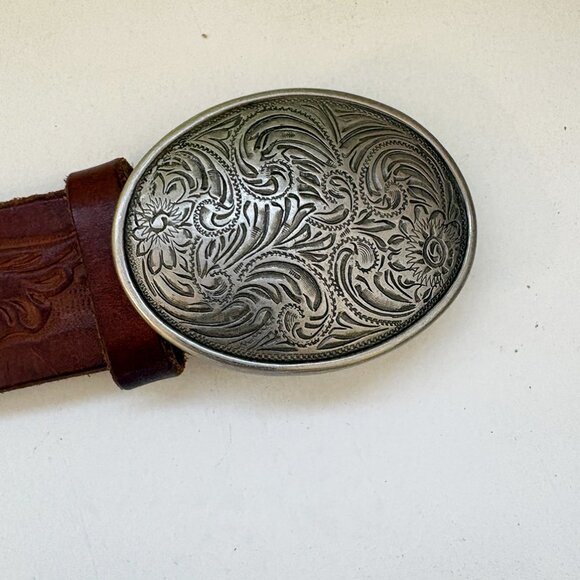Brown Embossed Leather Belt with Engraved Metal Buckle